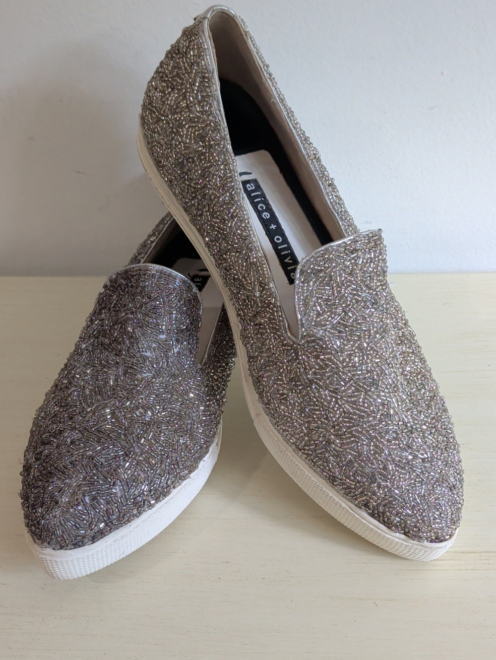 Alice + Olivia Beaded Silver Slip-On Flats Size 36.5